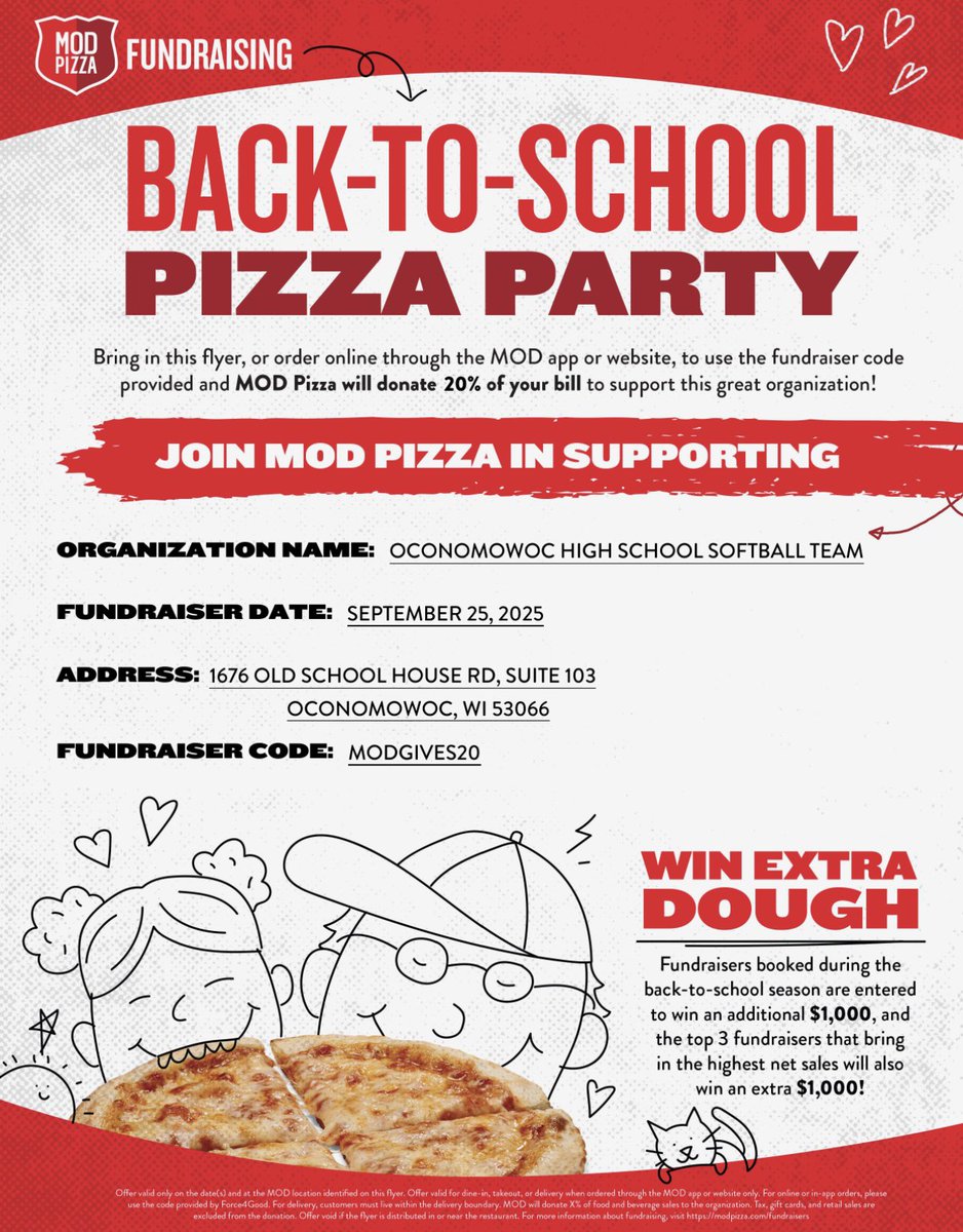 🥁 It’s that time of year!!! 🥳

September 25th make sure you head to MOD Pizza in Ocon to grab dinner!! Use the code listed on the flyer &amp; 20% will be given back to Ocon Softball 🥎 

THANK YOU SO MUCH FOR ALL YOUR SUPPORT 🥳🤝🏼