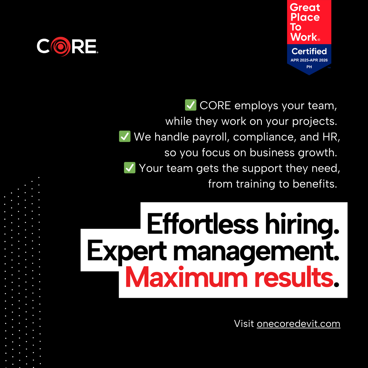 onecoredevit's tweet photo. What if hiring talent came with full support?
At CORE®, we handle HR, payroll, and compliance—so you can focus on growing your business while your team focuses on delivering results.
Learn more: https://t.co/Xg5kBEj6Bu
#OneCoreDevIT #CORESolutions https://t.co/2kgVFFycJr