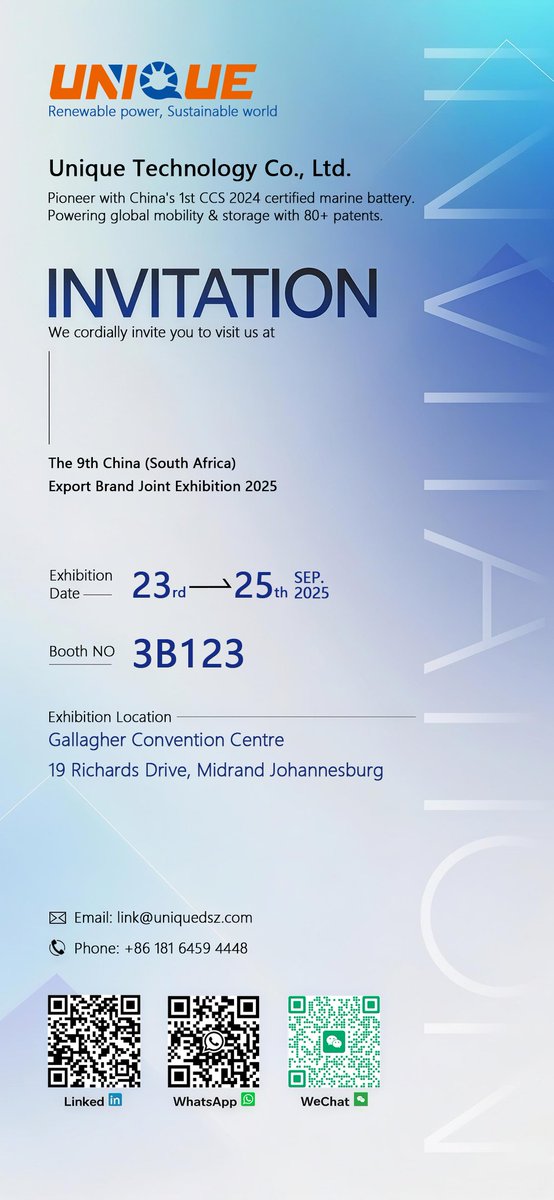 evcosta1996's tweet image. Welcome to visit our booth at the 9th China (south Africa) export brand joint exhibition 2025. #homeenergystorage,#HomeEnergySolutions,#powerbattery,#swappingbattery,#swapstation,#renewableenergy,#sustainableenergy,#africa,#middleeast,#SoutheastAsia,#australia,#southamerica,