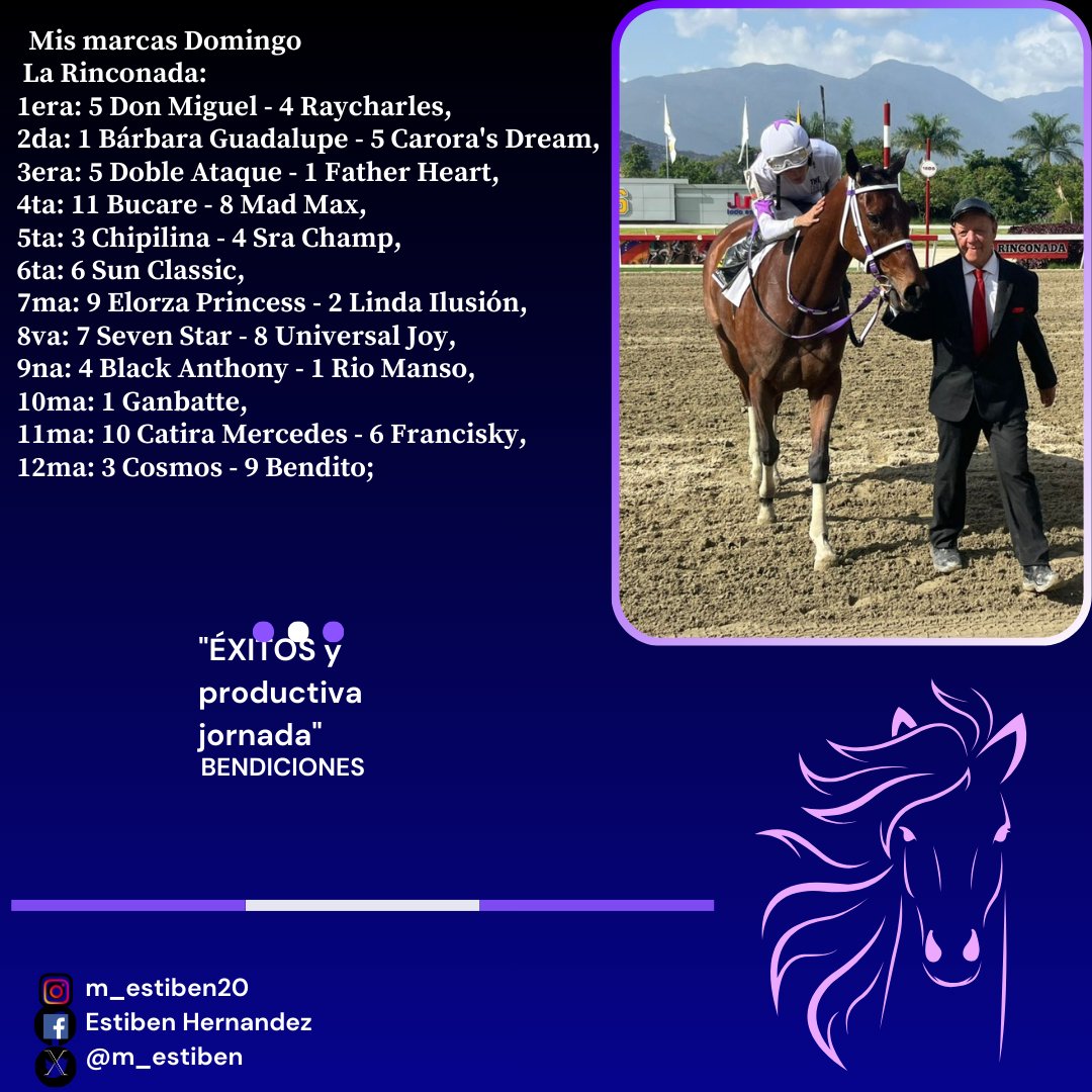 #Hipismo Mis marcas adelantadas La Rinconada Ojo: De haber retirados se cambiaran con anticipación, otra cosa si no les gusta ninguno no los jueguen; ya que no es obligado, bendiciones 
Abre este enlace y únete a la nueva experiencia en grupos de Whatsapp chat.whatsapp.com/Ca0Dw2yeBWf3iI…