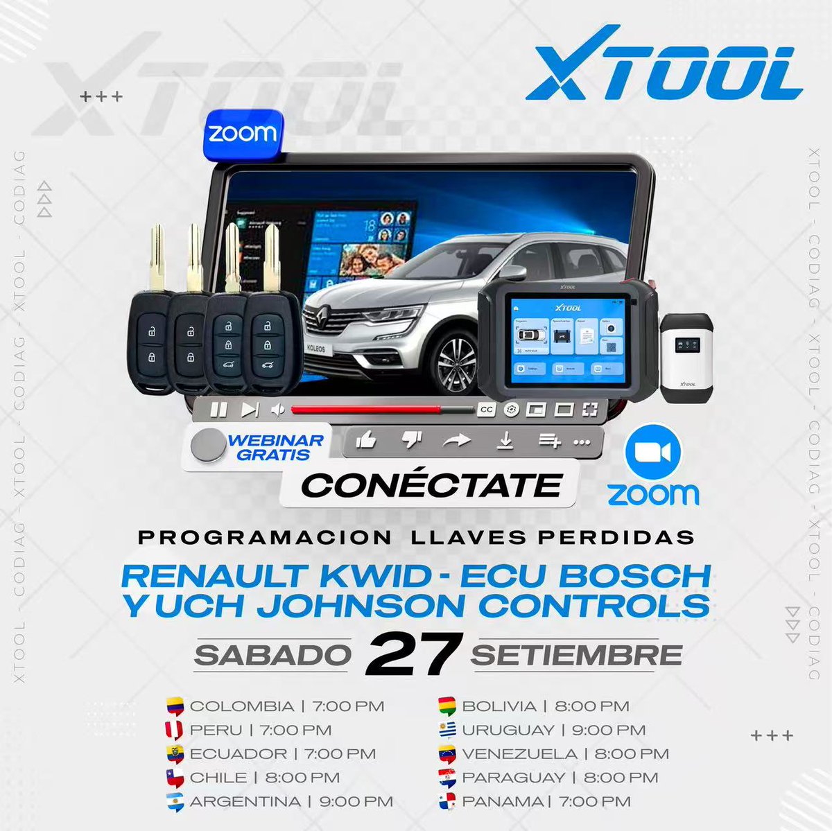 XtoolTech2010's tweet image. 🚗 FREE XTOOL Webinar!
Learn advanced key programming for:
🔹 Renault KWID
🔹 ECU Bosch
🔹 UCH Johnson Controls
📅 Sept 27 | 🌍 LATAM | 📍 ZoomBoost your 
locksmith & diagnostic skills with XTOOL!
#XTOOL #KeyProgramming #Webinar