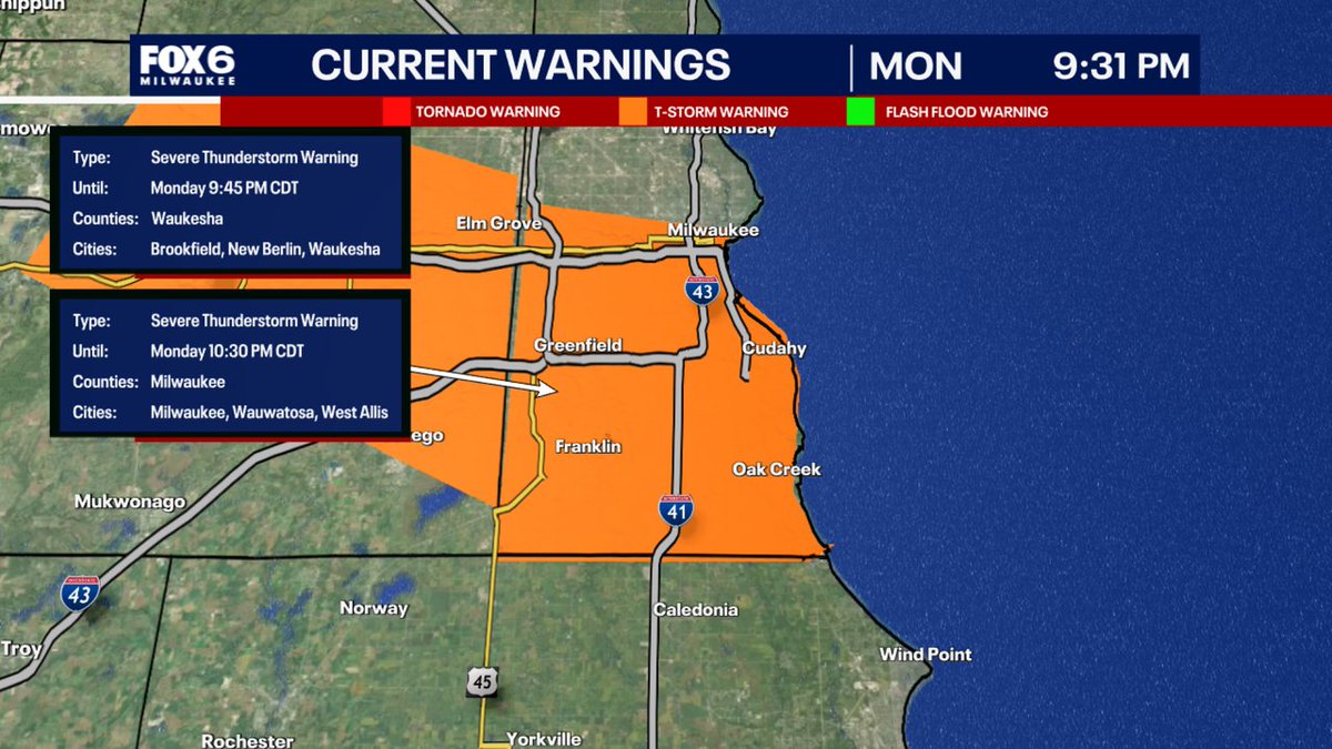 A Severe Thunderstorm Warning has been issued for parts of SE WI until 9/22 10:30PM. Make sure your cell phone emergency alerts are set to "ON." Tune into FOX6, Download the FOX6 Storm Center App &amp; FOX Local App for the latest information.