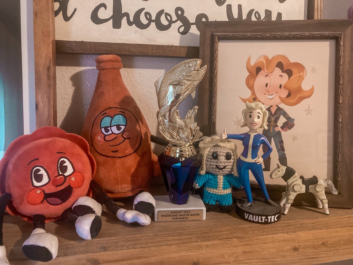 NukaMegs's tweet photo. Hi mom, lol jk. My shiny new trophy from @wreckitrenee’s ‘Master Baiter of the Wasteland’ tournament came in today! She was worried about me winning… which of course means I had to. Probably the most wholesome master baiter this wasteland will ever see. 🏆✨ https://t.co/KuoUTnYYAp