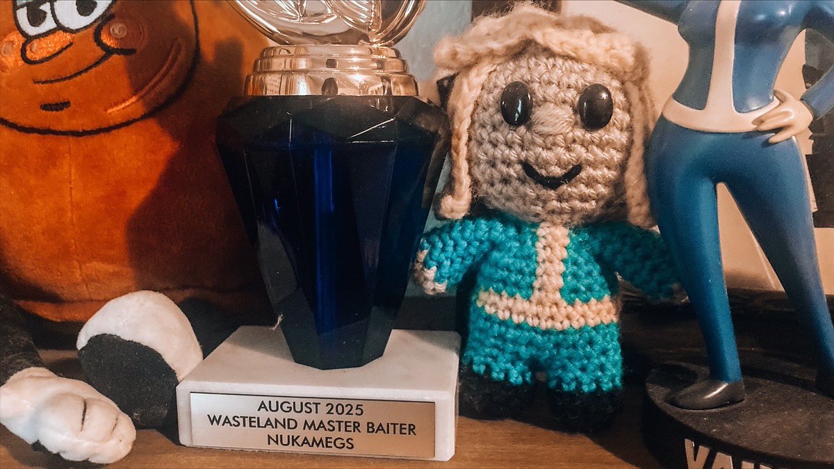 NukaMegs's tweet photo. Hi mom, lol jk. My shiny new trophy from @wreckitrenee’s ‘Master Baiter of the Wasteland’ tournament came in today! She was worried about me winning… which of course means I had to. Probably the most wholesome master baiter this wasteland will ever see. 🏆✨ https://t.co/KuoUTnYYAp