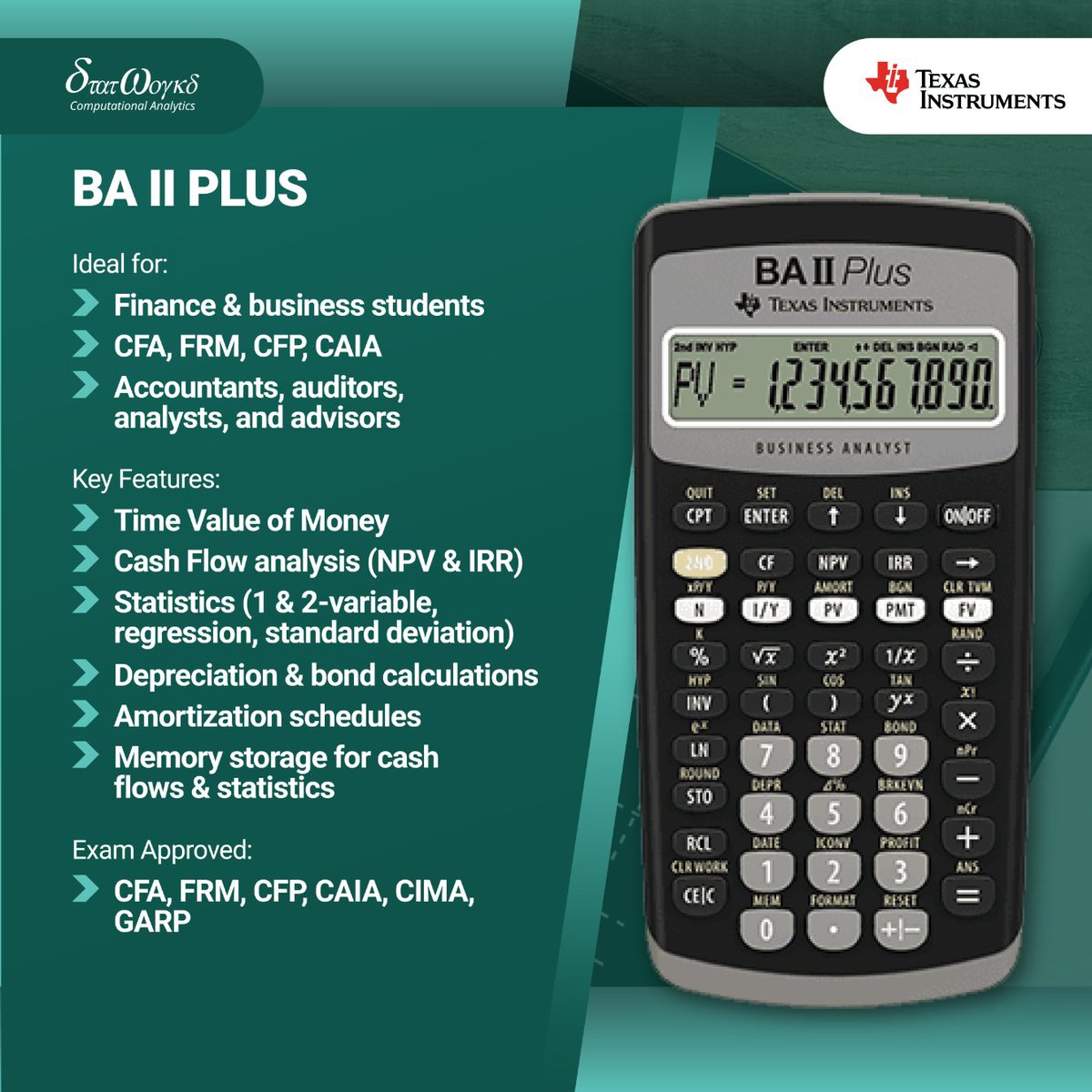 BA II Plus™ – Your Finance Exam Essential

The TI BA II Plus™ is a trusted financial calculator for finance, accounting, and certification exams. Reliable, exam-approved, and built with powerful functions.

Accurate. Exam-ready. The tool every finance professional needs.
