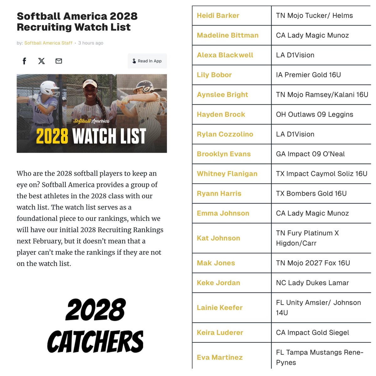 Hayden_Brock17's tweet image. Thank you @SoftbalAmerica for including me in your 2028 watchlist.
#catcher @Outlaws09Nat @theohiooutlaws @IHartFastpitch @CoastRecruits @d1fastpitch1 @LegacyLegendsS1 @ImpactRetweets @SBRRetweets @tagupSoftball @IndianaSBLive @toppreps