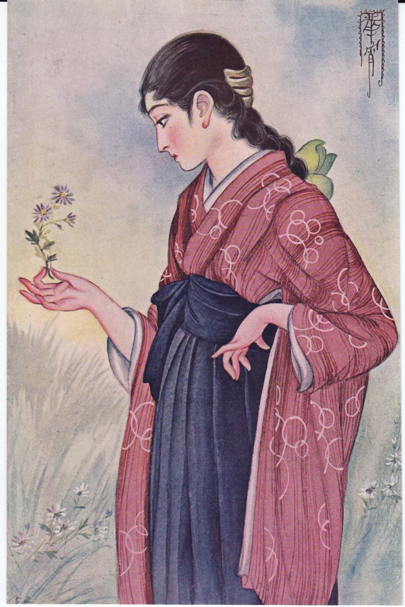 題名「小さな想い」 高畠華宵オマージュ　　水彩 題名「小さな想い」 高畠華宵オマージュ 水彩