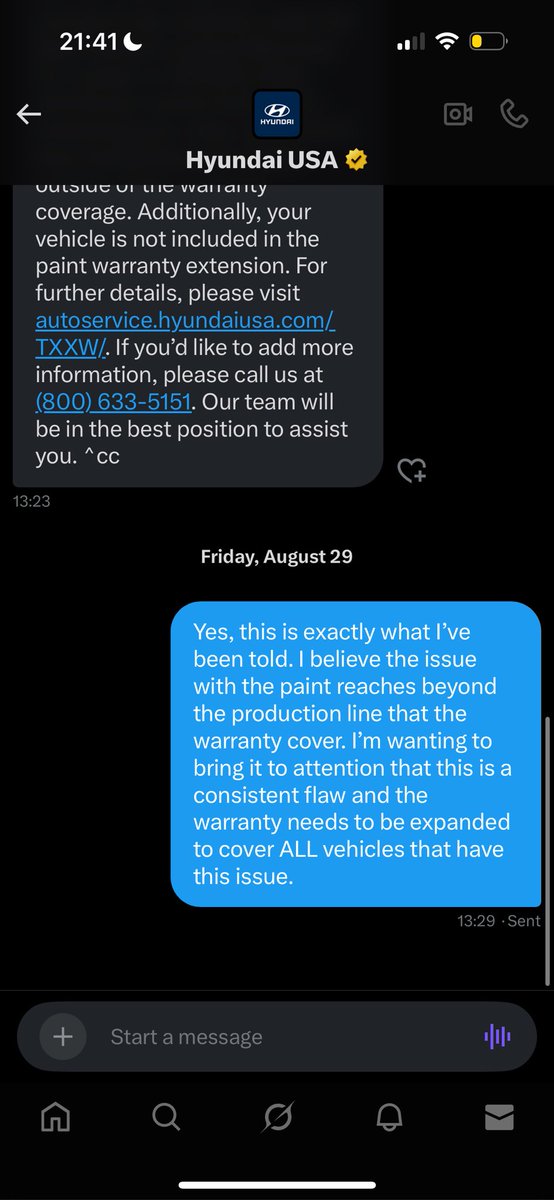 Josephthebrown1's tweet photo. Still waiting on a reply from @Hyundai for almost a month. I just want a clear answer and to appeal this decision to not give me any good faith repair because of a factory issue. https://t.co/IYs4usGF9r
