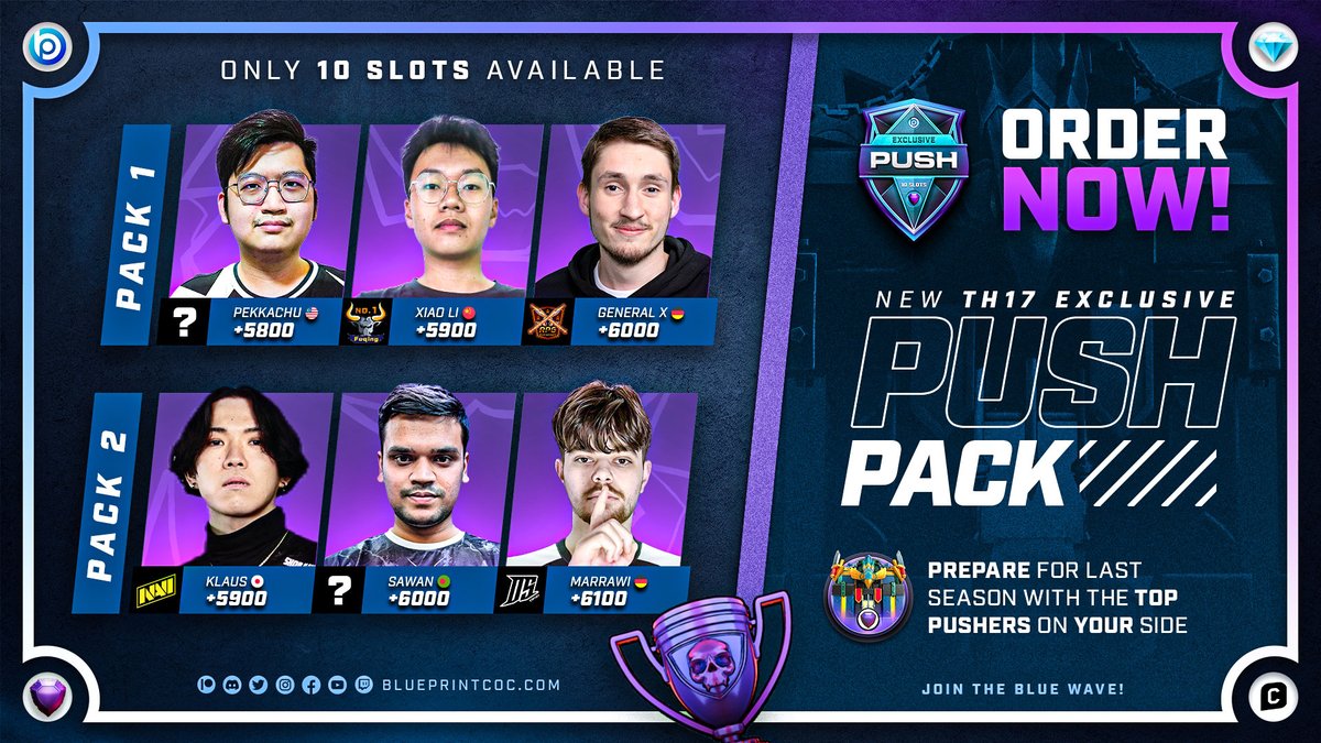 The current meta requires top-notch bases, and the Blue Builders are here to deliver those!

We have the OG veterans and dominators back in action just for you!

TH17 PUSH Exclusive 💎 Packs are here.

Dominate the season💪🔽
blueprintcoc.com/Push-Exclusive

▶ Get a FLAT 20% OFF when