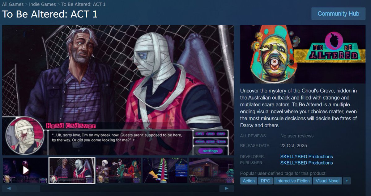 skellybed's tweet image. To Be Altered: ACT 1 is now live on Steam! Wishlist now!
store.steampowered.com/app/4004310/To…
#indiedev #indiegame #indiegames #visualnovel #psychologicalhorror #indiegamedev #indiehorror