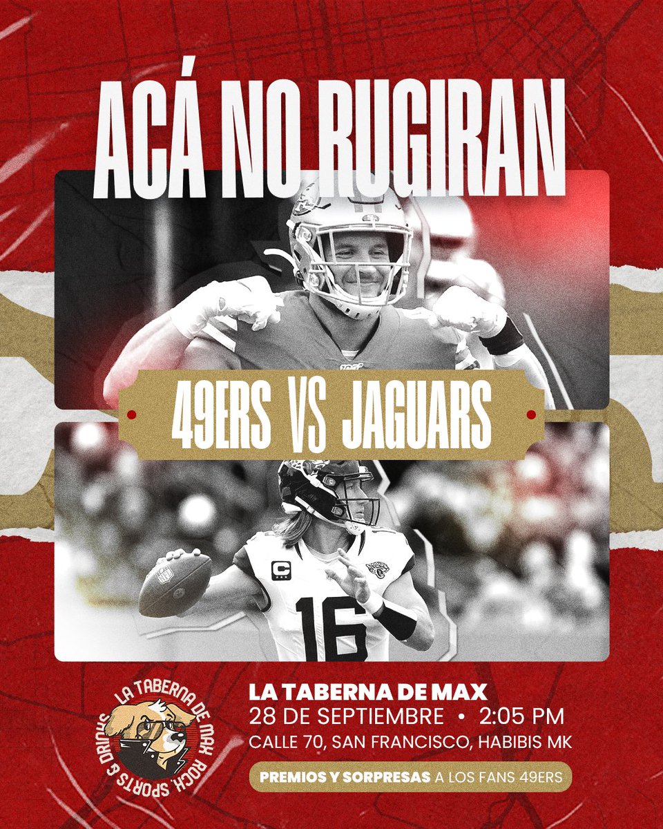 ¡Faithful de Panamá! 
A pesar de las lesiones, seguimos invictos y con récord 3-0. Este domingo los 49ers enfrentan a los Jaguars.

La Taberna de Max
28 de septiembre
2:05 PM
Calle 70, San Francisco (Habibis MK)

Disfruta premios y sorpresas  ¡Vamos por el 4-0!
