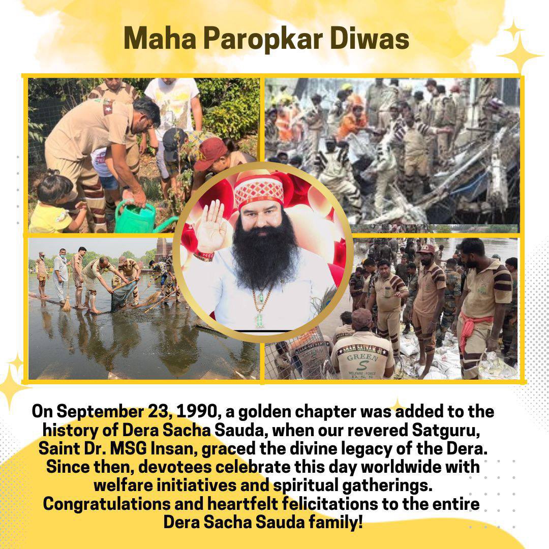sukhkesh's tweet photo. 🙏 23rd Sept – #MahaParopkarDiwas On this divine day in 1990, Param Pita Shah Satnam Ji Maharaj passed the spiritual legacy of @DSSNewsUpdates 
to Saint Dr. MSG.
@Gurmeetramrahim 
Millions celebrate this day by serving humanity with love &amp; devotion. 💞
https://t.co/c9sTrPffZ1 https://t.co/TXF5NwaAmU