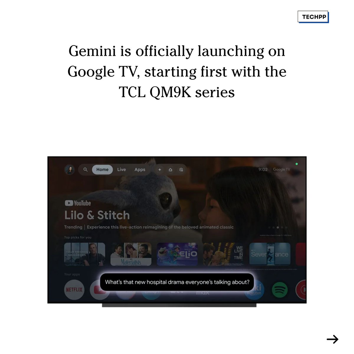 techpp's tweet image. Gemini is officially launching on Google TV, starting with the TCL QM9K series

#GoogleTV #GeminiAI #SmartTV #Android14