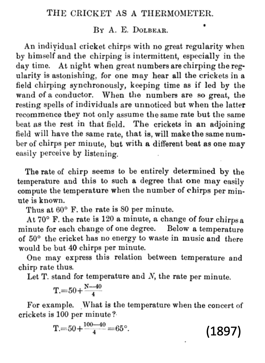 ItaiYanai's tweet image. Dolbear's law: to get the temperature, count the number of chirps a cricket makes in 15 seconds and add 40. #ScienceIsAwesome