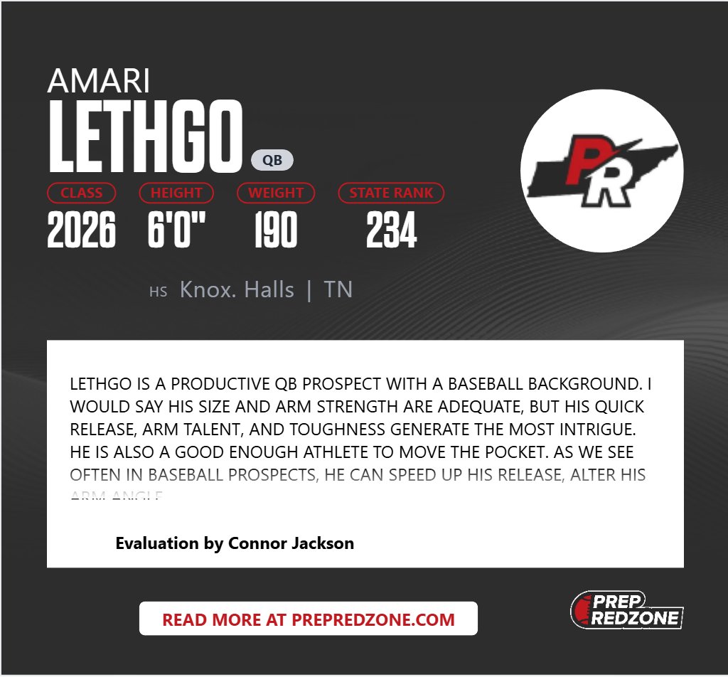 Chris Smith (@csmithscout) on Twitter photo #TN2026 Knox. Halls (QB) <a href="/amari_lethgo/">Amari Lethgo</a> ....#PRZTN 
- Pass 1st, dual threat QB; Eyes stay down field
- Athletic in the pocket; Throws well on the move
- Multi-yr starter w/ passing upside 
x.com/prepxtra/statu…
#RedDevils  #EastTN26 
prepredzone.com/player/amari-l…
#CSS  #TNHSFB #TN2026 Knox. Halls (QB) <a href="/amari_lethgo/">Amari Lethgo</a> ....#PRZTN 
- Pass 1st, dual threat QB; Eyes stay down field
- Athletic in the pocket; Throws well on the move
- Multi-yr starter w/ passing upside 
x.com/prepxtra/statu…
#RedDevils  #EastTN26 
prepredzone.com/player/amari-l…
#CSS  #TNHSFB
