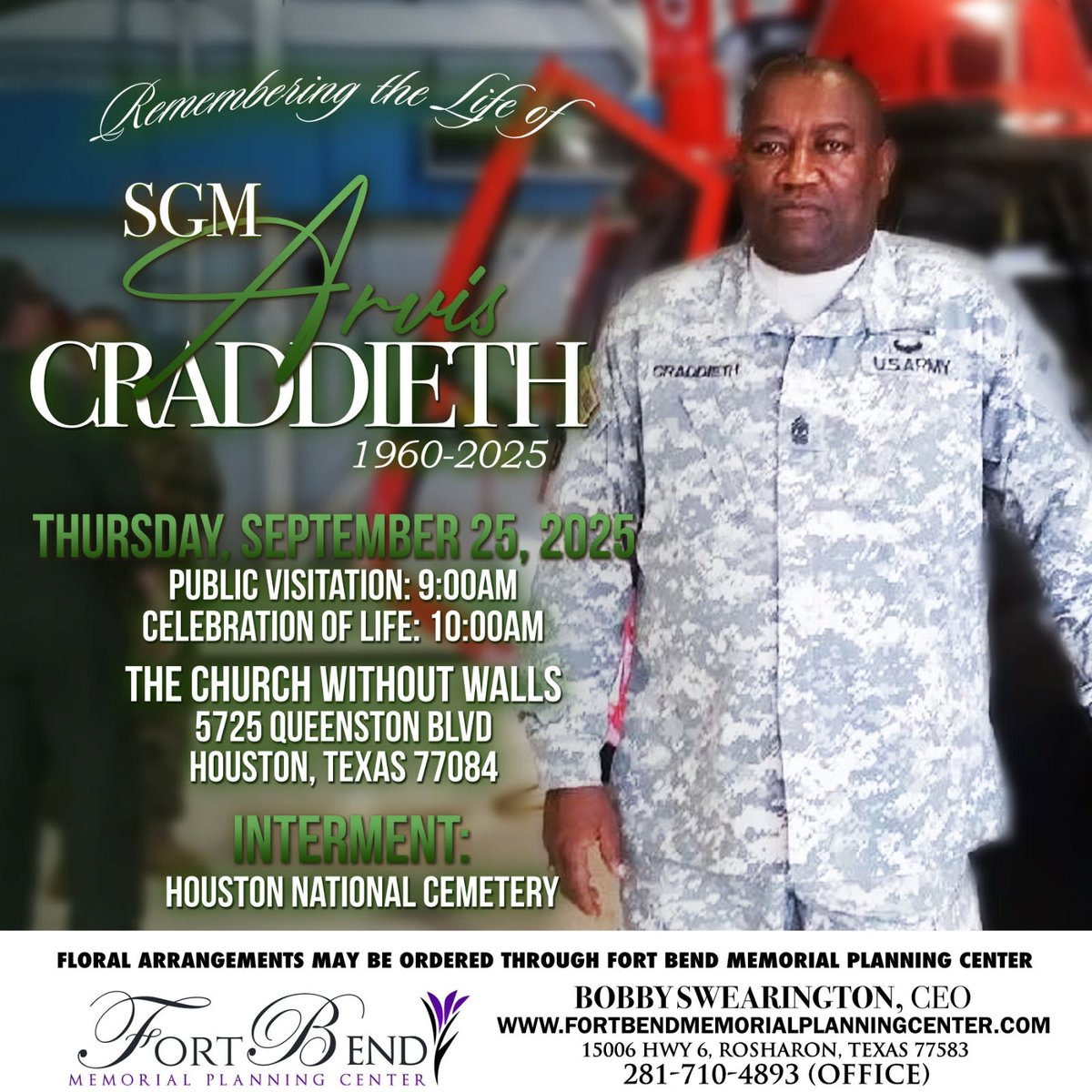 SGM (Ret) Arvis Craddieth's funeral service will be live-streamed at the following link live.Tcww.org