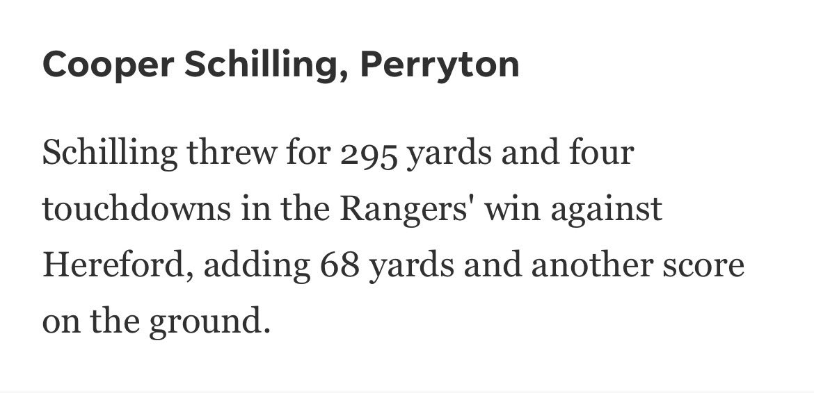 Cooper Schilling (@schilling_coop) on Twitter photo Thank you <a href="/amarilloglobe/">amarilloglobe</a> for including me in your top performers for the week!
<a href="/Perryton_HC/">Joshua Hernandez</a> <a href="/PerrytonFB/">Perryton Ranger Football Recruiting</a> <a href="/Perryton_ath/">Perryton ISD Athletics</a> <a href="/MathisGaius/">Gaius D. Mathis</a> <a href="/RandallSweet5/">Randall Sweet</a> <a href="/CoachWhiteDB1/">Coach White</a> Thank you <a href="/amarilloglobe/">amarilloglobe</a> for including me in your top performers for the week!
<a href="/Perryton_HC/">Joshua Hernandez</a> <a href="/PerrytonFB/">Perryton Ranger Football Recruiting</a> <a href="/Perryton_ath/">Perryton ISD Athletics</a> <a href="/MathisGaius/">Gaius D. Mathis</a> <a href="/RandallSweet5/">Randall Sweet</a> <a href="/CoachWhiteDB1/">Coach White</a>