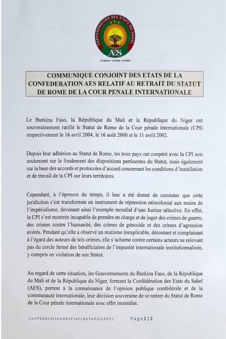 malialerte's tweet photo. #URGENT : Les Etats de l'AES,  Mali, le Burkina Faso et le Niger se retirent de la CPI avec effet immédiat. https://t.co/7RNu36khhk