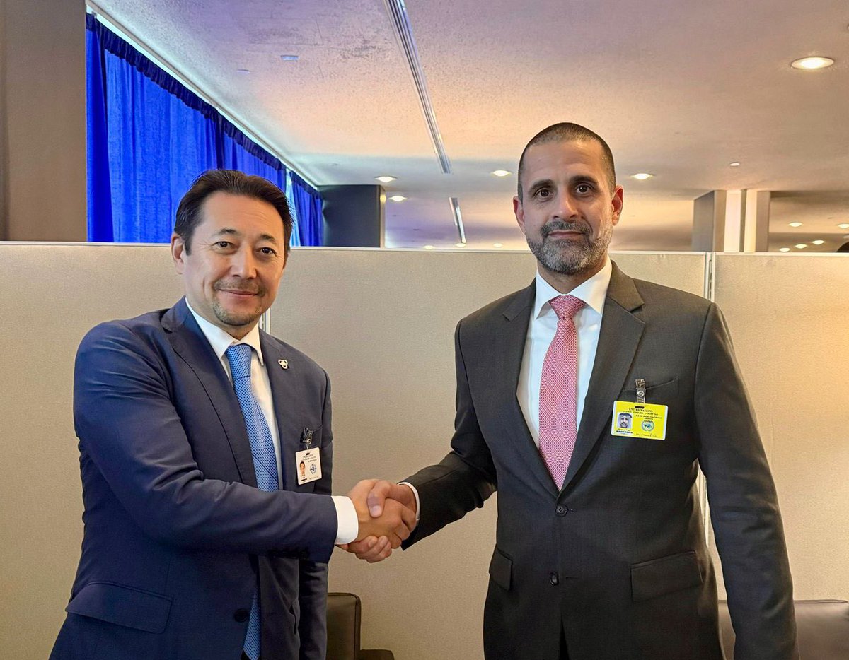 KairatSarybay's tweet photo. Delighted to meet w/ H.E. Khaled Al-Jalahma, UnderSec @ #Bahrain MoFA on sidelines of #UNGA80
Briefed on prep for #CICA_MC & encouraged 🇧🇭’s engagement w/n #CICA framework, incl. contributions to budget & #CICA_HQ
Agreed to continue our discussion through reciprocal visits https://t.co/Y537oHZmA3