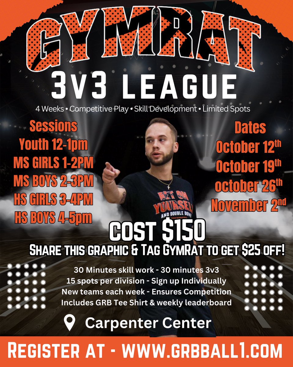 🏀 GYMRAT 3v3 FALL LEAGUE
📅 Oct 12, 19, 26 &amp; Nov 2, 2025
📍 Carpenter Center: Gering, Nebraska 

Youth Girls &amp; Boys (3rd-5th): 12-1pm
MS Girls (6th–8th): 1–2pm
MS Boys (6th–8th): 2–3pm
HS Girls (9th–12th): 3–4pm
HS Boys (9th–12th): 4–5pm