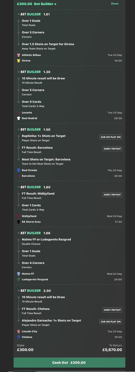 £300 INTO £5,670.00💷😍

MIDWEEK BET BUILDERS LONG SHOT ACCA🟨🟨 ⚽️

IF THIS WINS I WILL GIVE £1,000 TO 2 PEOPLE WHO ❤️AND RETWEET THIS POST.

BRING IT ON🤌