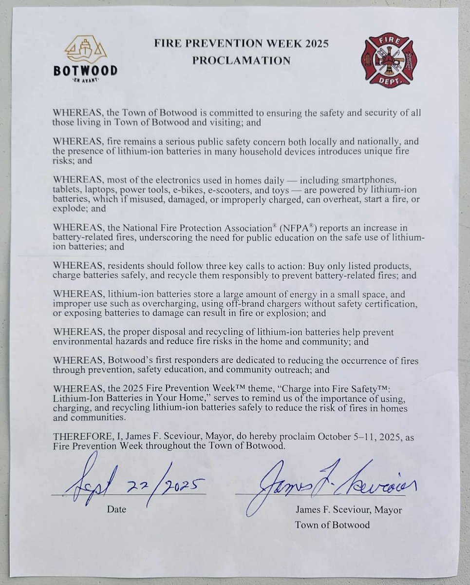 Botwood Mayor James Sceviour signs proclamation declaring October 5-11 2025 as Fire Prevention Week in the Town Of Botwood