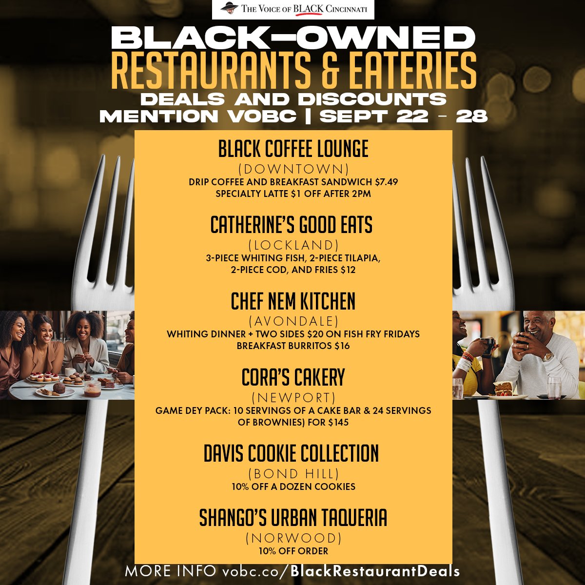 🙌 Every bite counts! Celebrate Black-owned businesses while enjoying exclusive restaurant specials Sept. 22–28. Explore the deals → vobc.co/BlackRestauran… 
#VOBC #BlackCincinnati #SupportBlackBusiness #CincyEats #FoodCulture