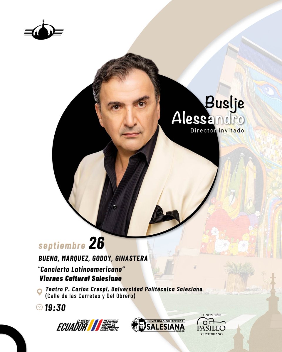 🎻¡Vivamos juntos una nueva edición del #ViernesCulturalSalesiano! 

Te invitamos al “Concierto Latinoamericano”, una noche llena de música. Disfrutaremos de la Orquesta <a href="/SinfonicaCuenca/">Orquesta Sinfónica de Cuenca</a>, dirigida por el Director  Bustje Alessandro.

📅 Viernes, 26 de septiembre
⏰ 19h30
📍