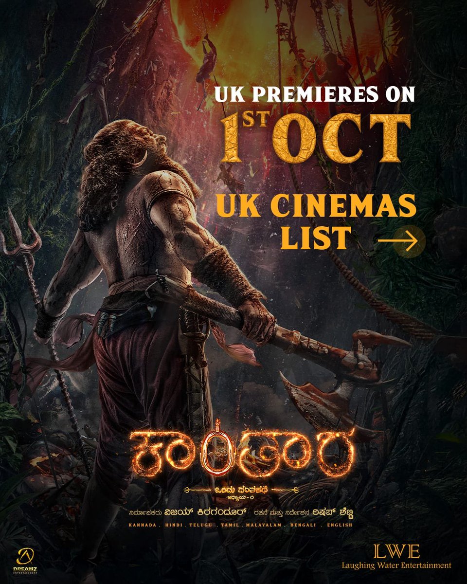 kuk_talkies's tweet photo. ಕಾಂತಾರ - ಕನ್ನಡ 🧡
UK Premiere on WEDNESDAY – 1 OCT ✨
Experience the worldwide sensation in Kannada – Book now &amp; feel the roar on the big screen!

@hombalefilms  @KantaraFilm  @shetty_rishab  @LaughingWaterEn @Kannadigaruuk https://t.co/NqlVnXO2nR