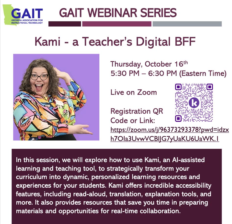 gaitcommunity's tweet photo. 🚨 K-12 educators! Want to streamline your curriculum with AI?

Join us for a free webinar with Samantha Camacho from Kami!
🗓️ Oct 16 | 🕠 5:30–6:30 PM ET
💡 Learn how Kami can transform your teaching.
🔗 Register: https://t.co/BkW6UqI6vC
#EdTech #AIinEducation #KamiApp #K12 https://t.co/HXt3ZjiHXw