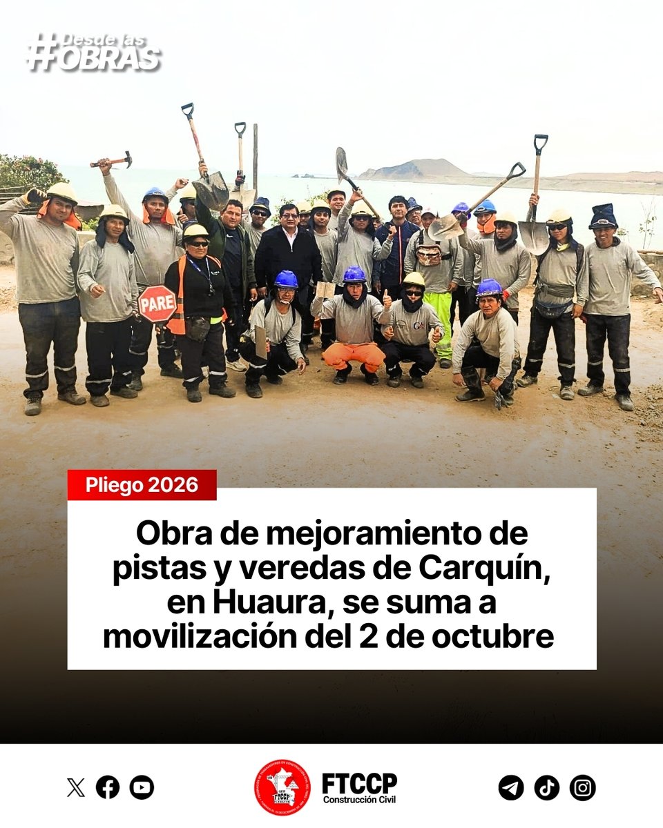 El Secretariado Ejecutivo de la FTCCP visitó la obra de mejoramiento de pistas y veredas de la Caleta de Carquín, en Huaura, donde los trabajadores confirmaron su participación en la movilización nacional del 2 de octubre para la presentación del Pliego Nacional de Reclamos en