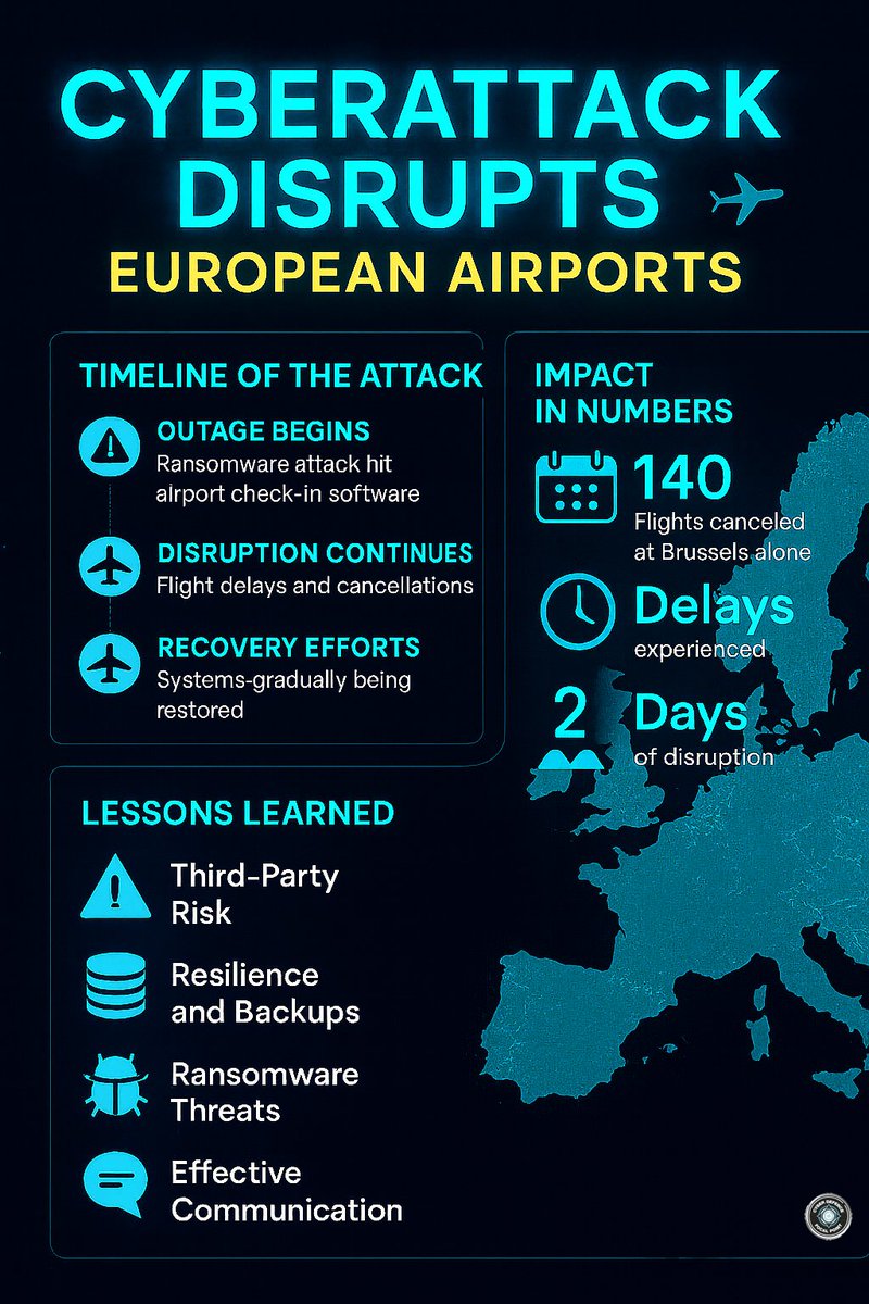 ✈️ A ransomware attack hit Europe’s airports this weekend, crippling check-in systems at London, Berlin, Brussels &amp; Dublin. 140+ flights canceled, thousands delayed. Lesson: third-party risk &amp; resilience aren’t optional, they’re mission-critical.
#CyberAttack #SupplyChainRisk