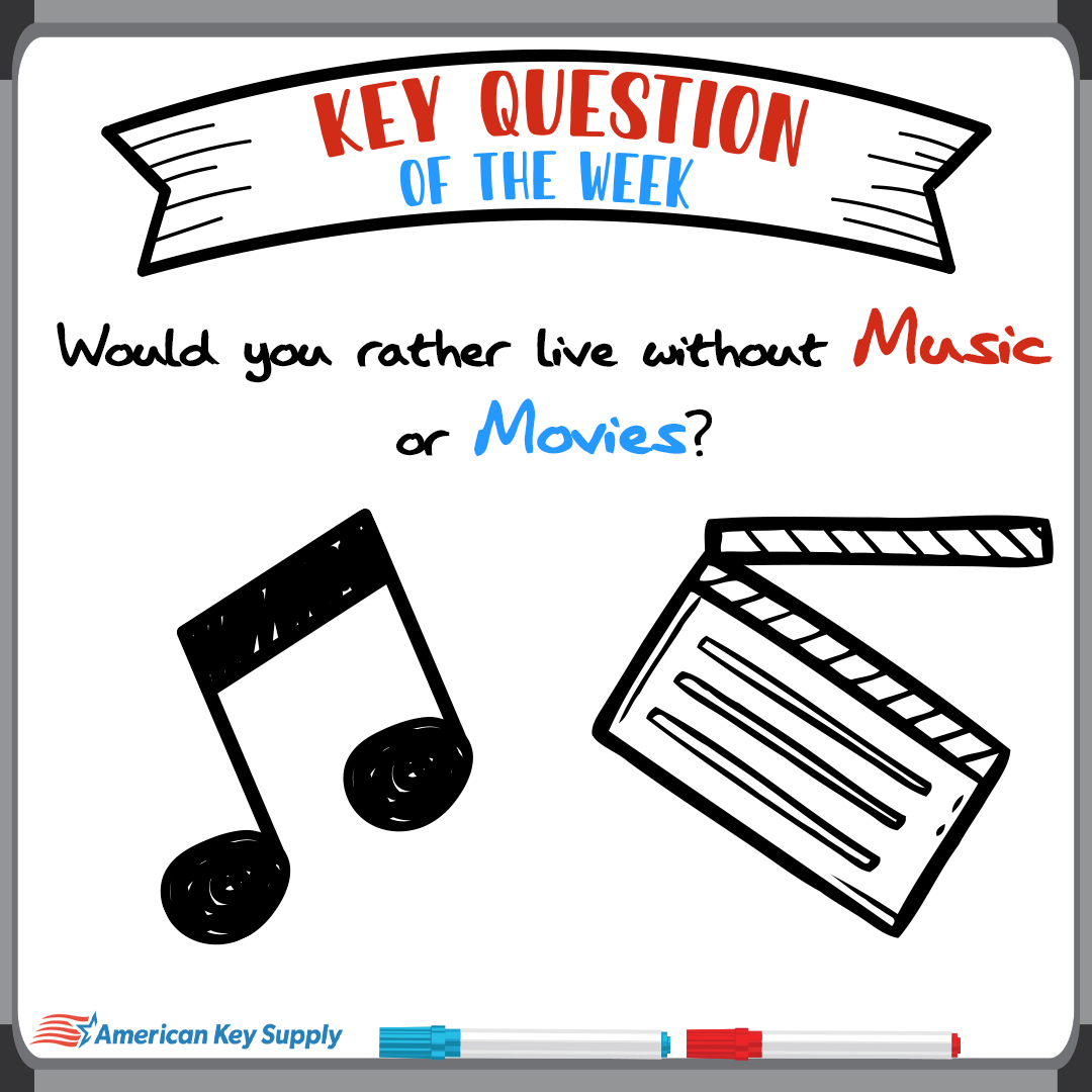 AmerKeySupply's tweet photo. Key Question of the Week 
Alright locksmith fam, here’s the ultimate would-you-rather:
Would you rather live in a world without music  … or a world without movies ?

Drop your answer in the comments  — we’re taking bets on which side wins!
#AKS #KeyQuestionOfTheWeek https://t.co/qcLG4D1HbG