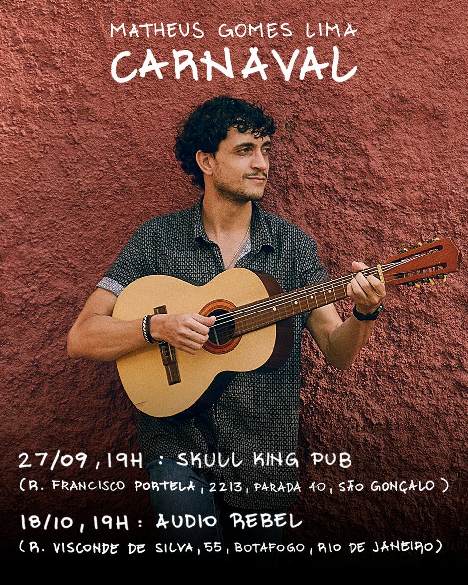 mathgomeslima's tweet photo. A turnê do álbum está tomando forma!
🎟️ Show no Skull King Pub de graça.
🎟️ Show na Audio Rebel: ingresso está R$20 e o link para compra é esse: https://t.co/wrmwqpXSa7
💽 E meu álbum "Carnaval" chega ao mundo nesta quinta, 25.
O começo de tudo está perto. Te vejo em breve. https://t.co/kDCzioTDA1