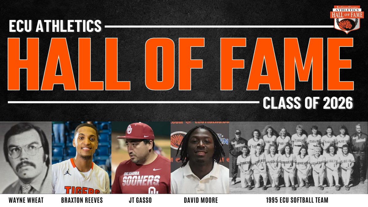 ECU Athletics is proud to announce the Hall of Fame Class of 2026, featuring Wayne Wheat (football), Braxton Reeves (men's basketball), JT Gasso (baseball), David Moore (football), and the Softball team from 1995! 🐅

📰ecutigers.com/news/2025/9/22…

#GoTigers x #OnceATigerAlwaysATiger