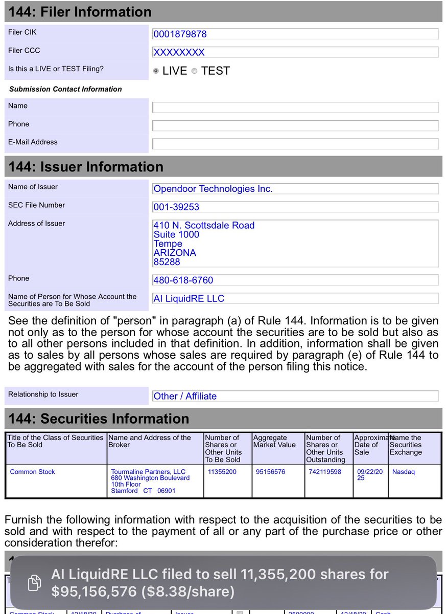 TrackFilings's tweet image. $OPEN Another large insider sale - AI LiquidRE LLC filed to sell 11,355,200 shares for $95,156,576 ($8.38/share):

sec.gov/Archives/edgar…