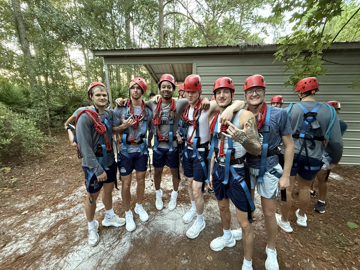 SJPerk1970's tweet photo. Day 1 in the books for @OspreyMBB. Special Thanks to the staff at The Osprey Challenge Ropes Course and Zip Lines for a great team building activity! #SWOOPLife https://t.co/9n1h53BOTy