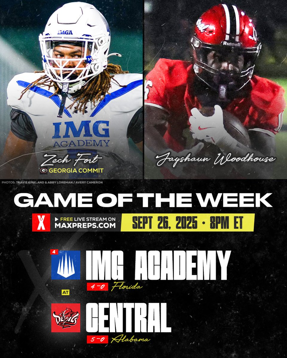 MaxPreps's tweet image. How to watch: MaxPreps Game of the Week features No. 4 IMG Academy vs. Central of Phenix City in battle of unbeatens. 🔥🏈

Full story ⬇️
maxpreps.com/news/r3VDOdeHr…