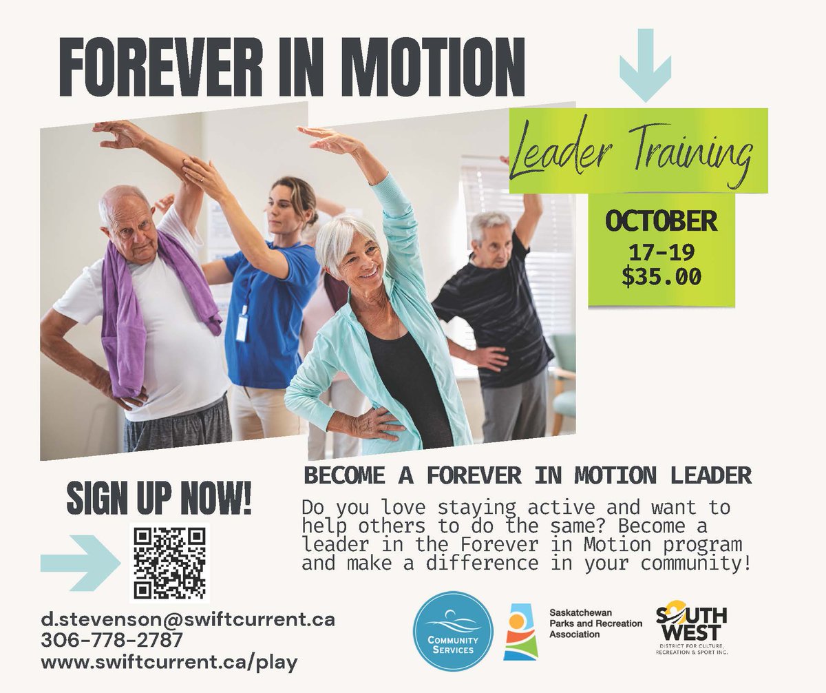 🌟🌟Forever…in motion Leader Training 
Register: gosouthwest.ca/what-we-do/wor…
Do you love staying active and want to help others to do the same?
Become a leader in the Forever…in motion program and make a difference in your community!
Oct 17-19 ☀️Hosted by: City of Swift Current