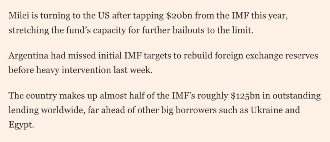 BREAKING: 🇦🇷 Javier Milei keeps getting bailed out, now at the expense of the American taxpayer. 

I told you this would happen on his FIRST DAY in office. I told you his plan was to SELL Argentinas assets and ENSLAVE them through debt.  

I got hate from so many “based”