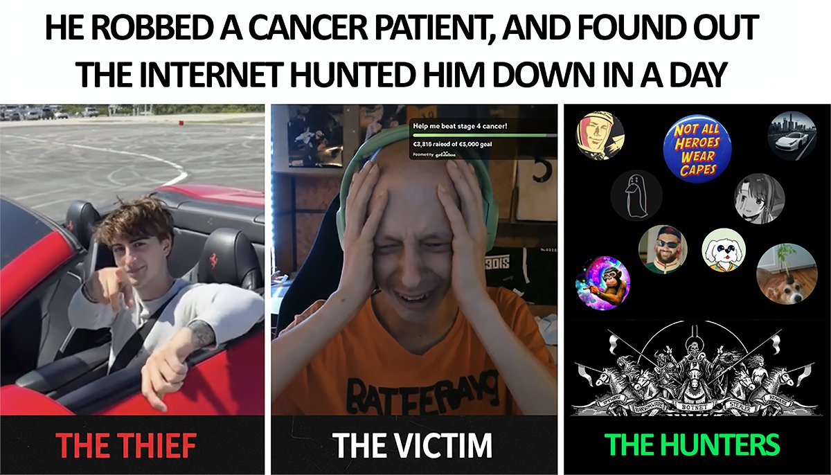 Why You Never Rob Cancer Patients in Front of the Internet,
AND Why Steam Sucks,
And the People Who Hunted the Thief down
youtube.com/watch?v=dOrjOP…
Wall of hero's/hunters at: 
sambent.com/why-you-never-…
or (all of the following had a hand in being awesome, and the best part of