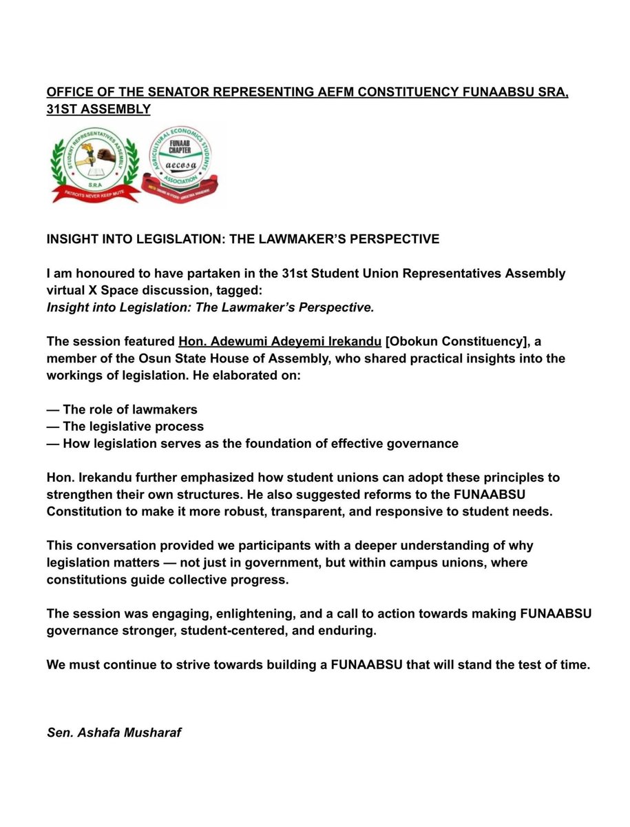 AshafaMush23660's tweet photo. From the Osun State House of Assembly to FUNAABSU: Translating legislative principles for a more robust student union.

#ThePeopleRepresentative 
#DigitalRepresentation 
#InclusiveRepresentation https://t.co/zq8zIzt1Y7