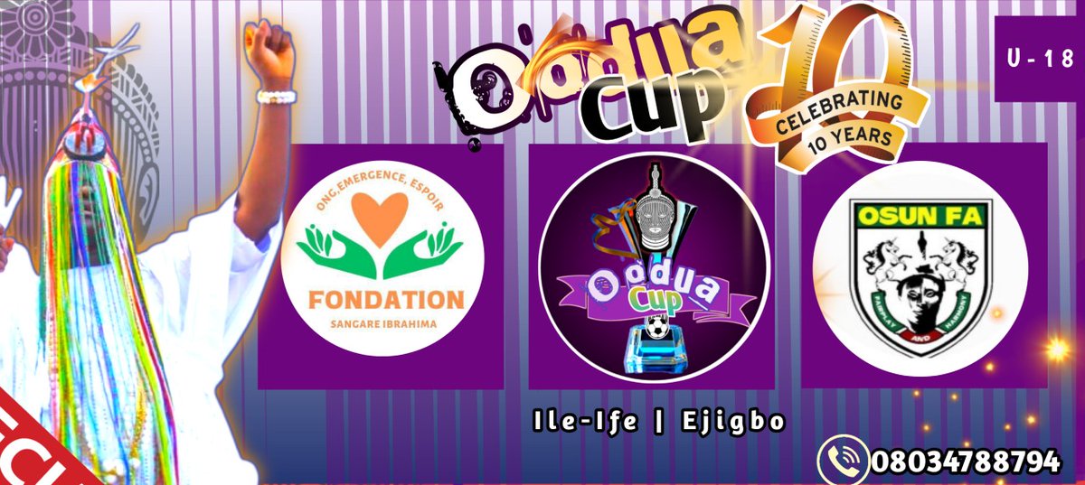 🎯 ILE-IFE 🌤️
🎯 EJIGBO 🌒
ARE YOU READY?⚽🏆
Here comes @OoduaCup celebrating 1️⃣0️⃣ years coronation anniversary of H.I.M <a href="/OoniAdimulaIfe/">Ooni Enitan Ogunwusi</a> CFR!
U-18 teams are encouraged to pick up the forms from <a href="/OsunFa/">OsunFA</a> office!
🛍️💰 N2.5M up for grab
Few slots left! 
🧠-Ibrahim Sangare Foundation