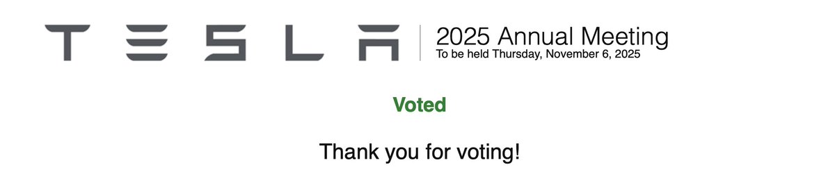 It is done - I have voted in favor of Elon's 2025 compensation proposal and for an investment in xAI!
Check your emails for ProxyVote papers.
<a href="/TeslaBoomerMama/">Ale𝕏andra Merz 🇺🇲</a>