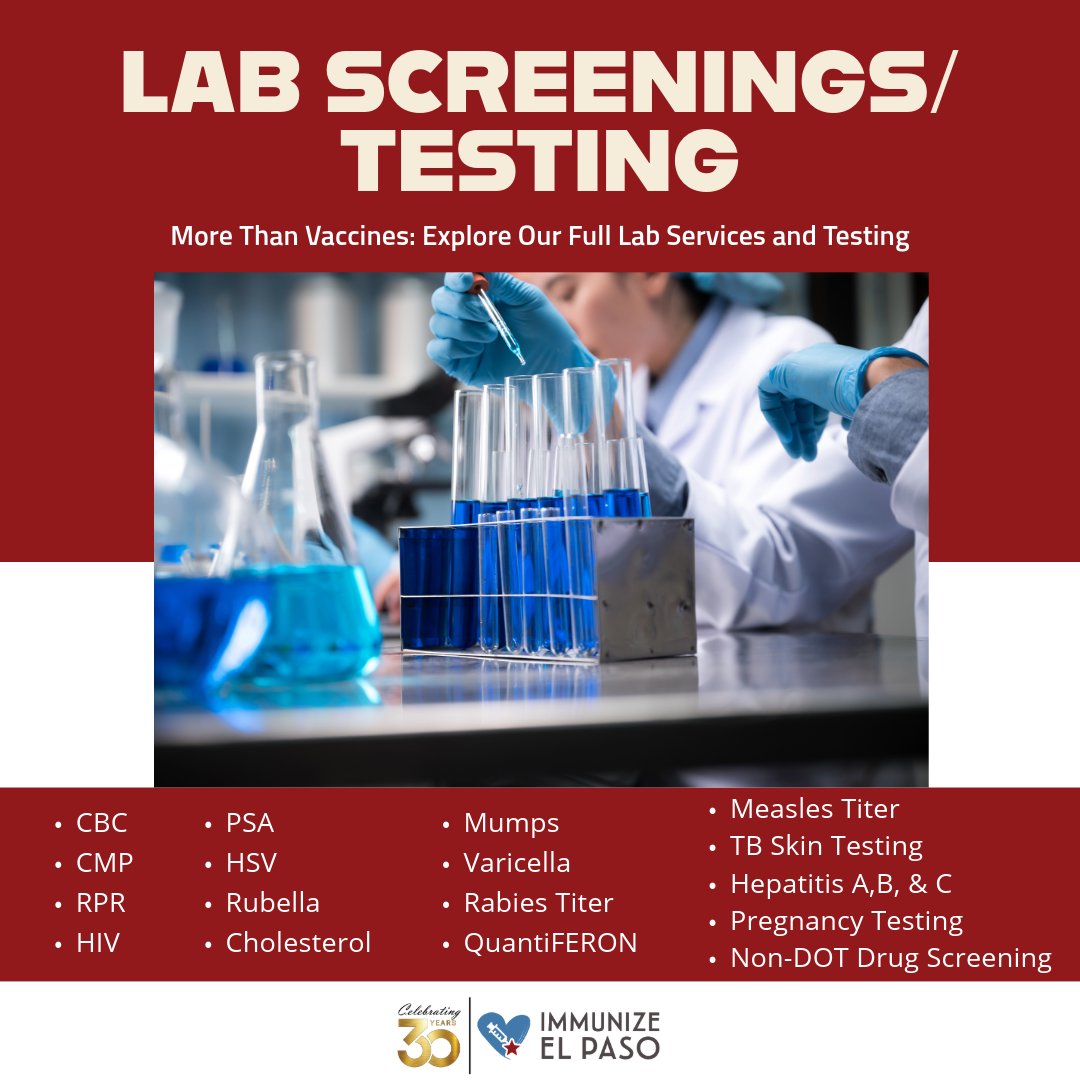 immunizeelpaso's tweet image. We’re more than just vaccines.
From bloodwork to drug testing, our lab services are here to support your health. Quick, affordable, and walk-in friendly!

Come see what we offer beyond the needle. 🧪💪
.
.
#LabServices #ElPasoHealth #MoreThanVaccines #WalkInClinic #CommunityCare