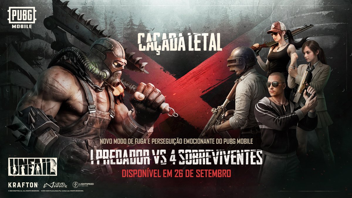 brPUBGMOBILE's tweet image. A Caçada Letal começa em 26 de setembro! ⚔️

Um novo modo intenso de perseguição e fuga! São 4 sobreviventes tentando fugir de 1 predador sedento por sangue! Estão preparados? 🔥

📲pubgmobile.live/unfail400
#PUBGMOBILE 
#UNFAIL 
#PUBGM400