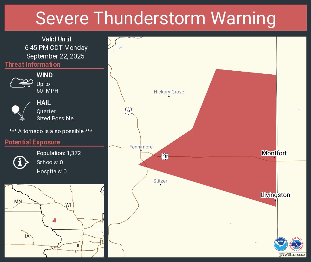 Severe Thunderstorm Warning including Montfort WI and  Livingston WI until 6:45 PM CDT