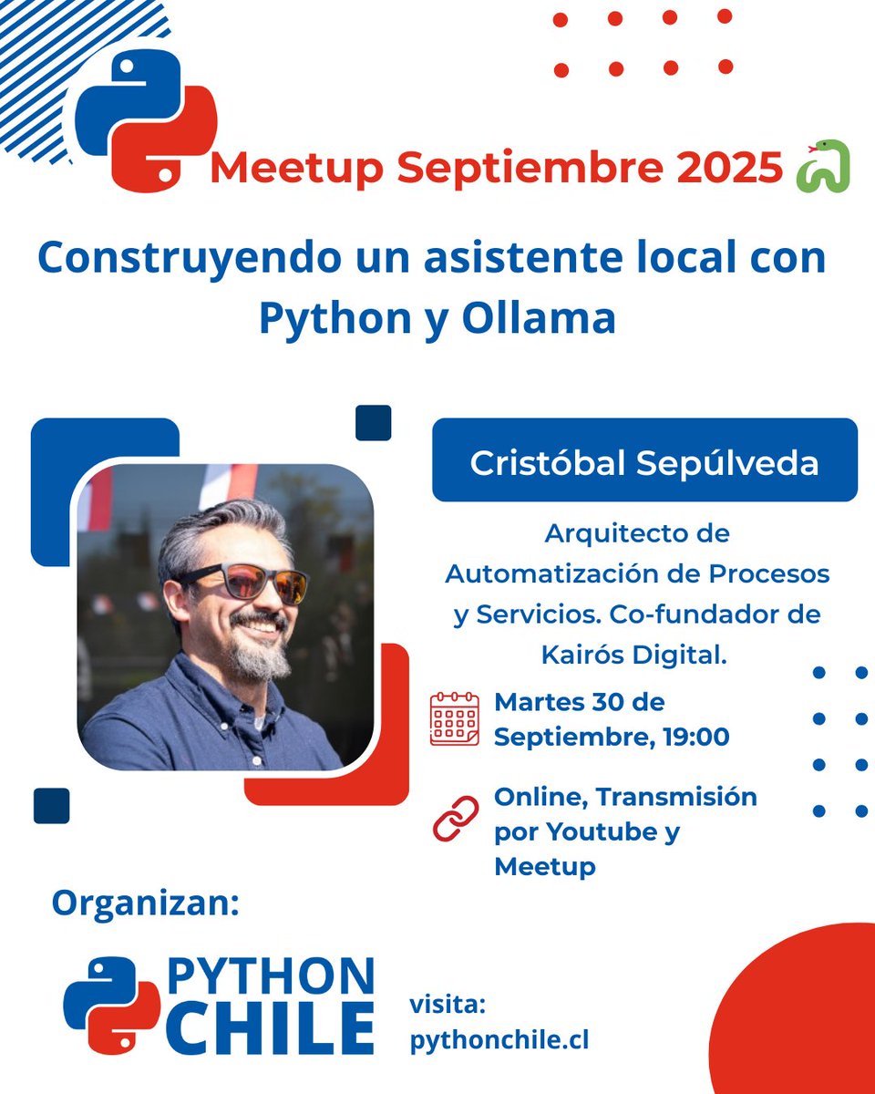 pythonchiledev's tweet image. 🚀 Meetup Python Chile – Septiembre 2025
Construye tu asistente local con Python + Ollama 🐍⚡
📅 30/09 – 19:00 (CLT)
📡 Online por YouTube & Meetup
👉 pythonchile.cl