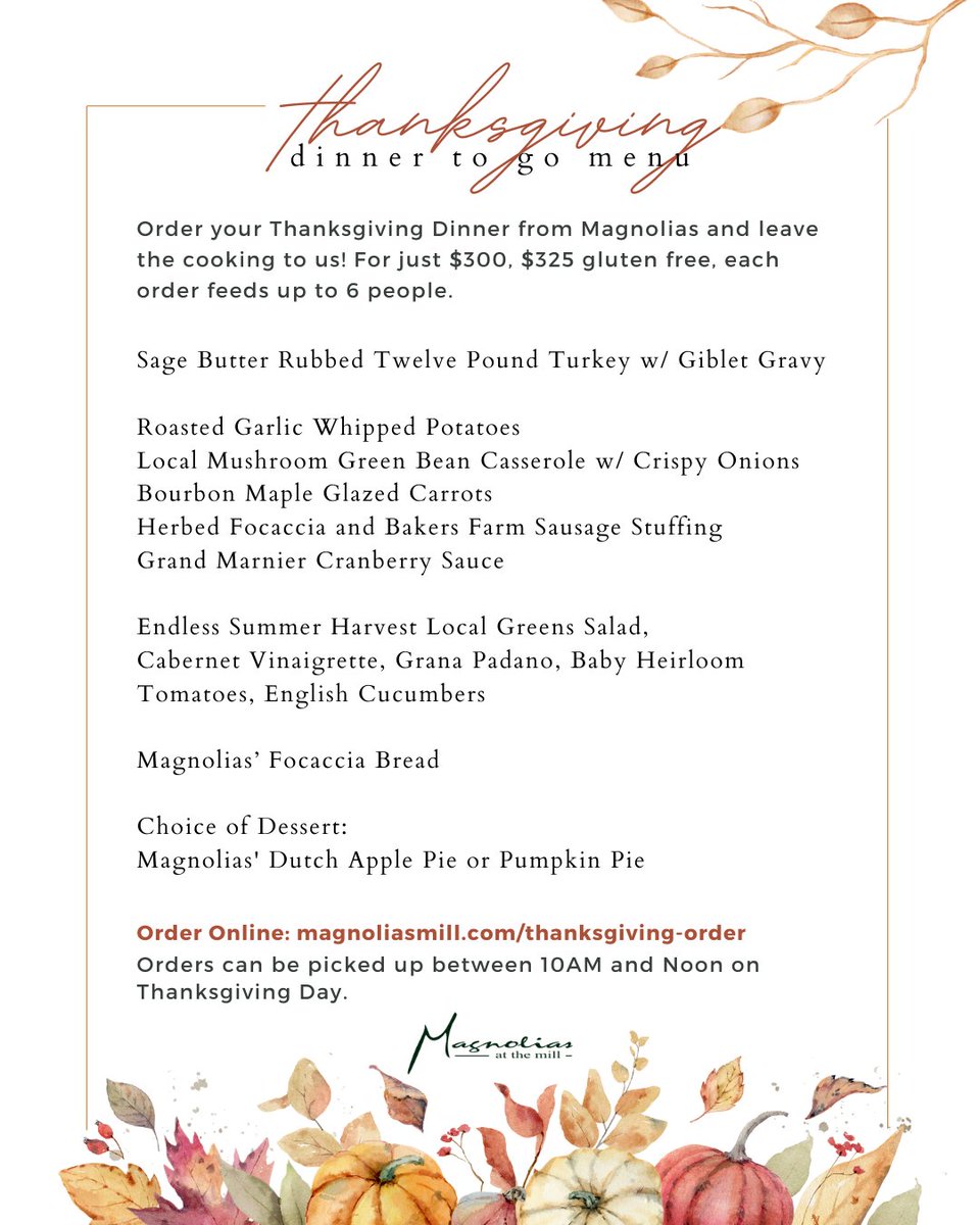 Spend less time in the kitchen and more time around the table. Our team is preparing a complete farm-to-table Thanksgiving feast to go.

Meals are packaged for easy pick-up and reheating, with everything you need for a stress-free holiday.

🍽️ magnoliasmill.com/thanksgiving-o…