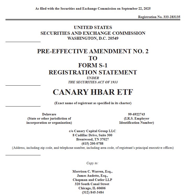 Gilmore_Estates's tweet image. $HBAR ETF Update

Canary has filed a Pre-Effective Amendment to its HBAR ETF application with the SEC.

This is a procedural step, not approval,  but it reflects continued progress in the review process.

Key details in the update:

NAV timing clarified (~4:00 p.m. ET)

Custody…